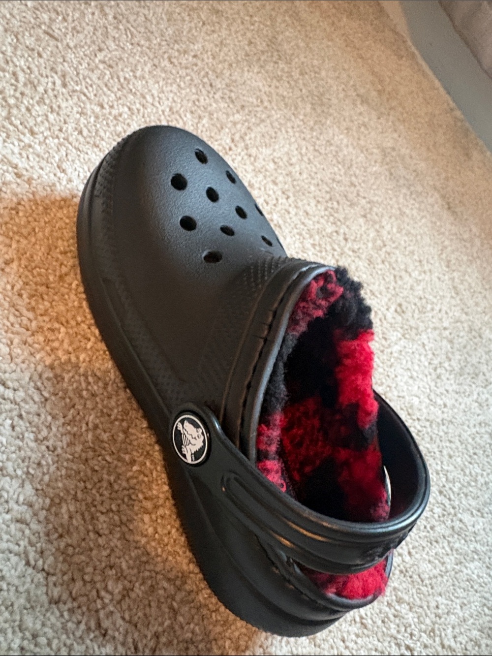 CROCS Kids Black Clog with Red Plaid Fleece Lining